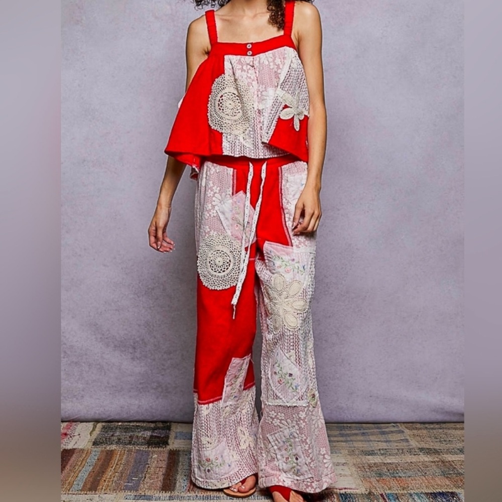 POL Red Patchwork/lace Pants and Top